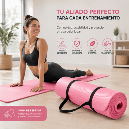 Tapete Fitness Antideslizante con Correa de Transporte Rosa