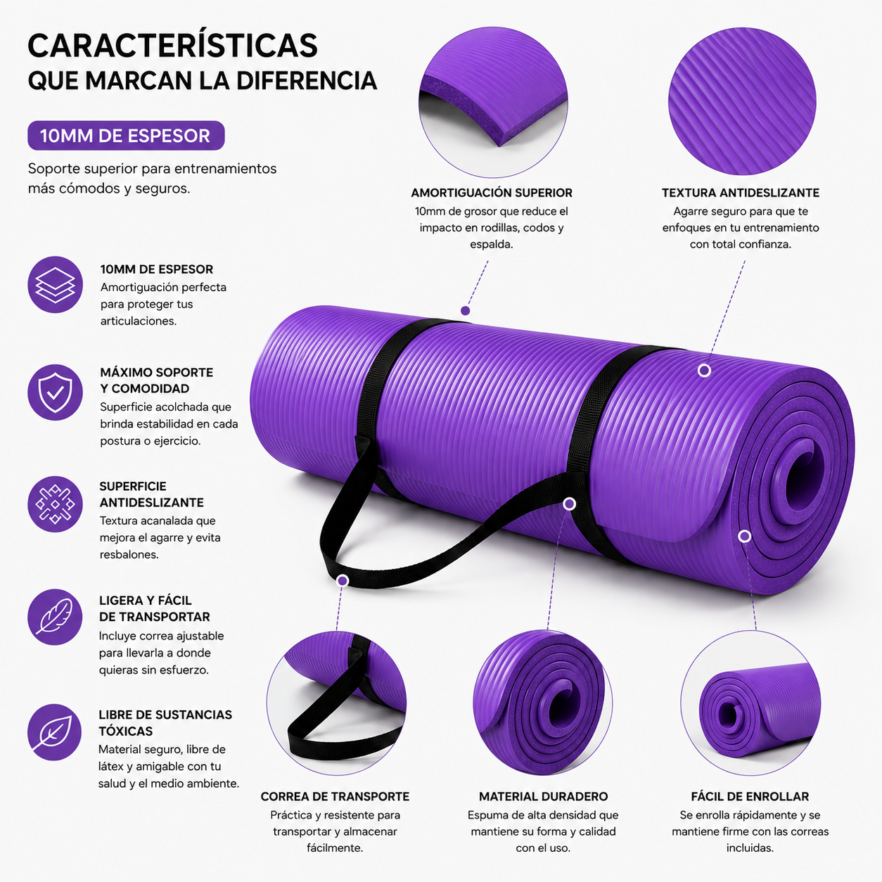 Tapete Fitness Antideslizante con Correa de Transporte Morada