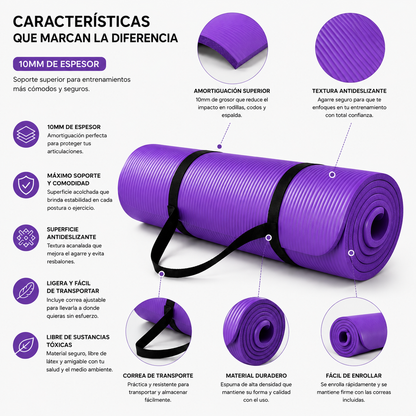 Tapete Fitness Antideslizante con Correa de Transporte Morada