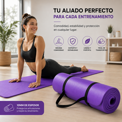 Tapete Fitness Antideslizante con Correa de Transporte Morada