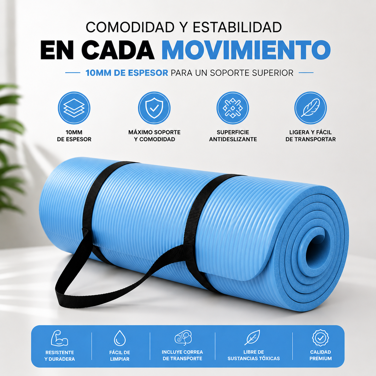 Tapete Fitness Antideslizante con Correa de Transporte Azul Claro
