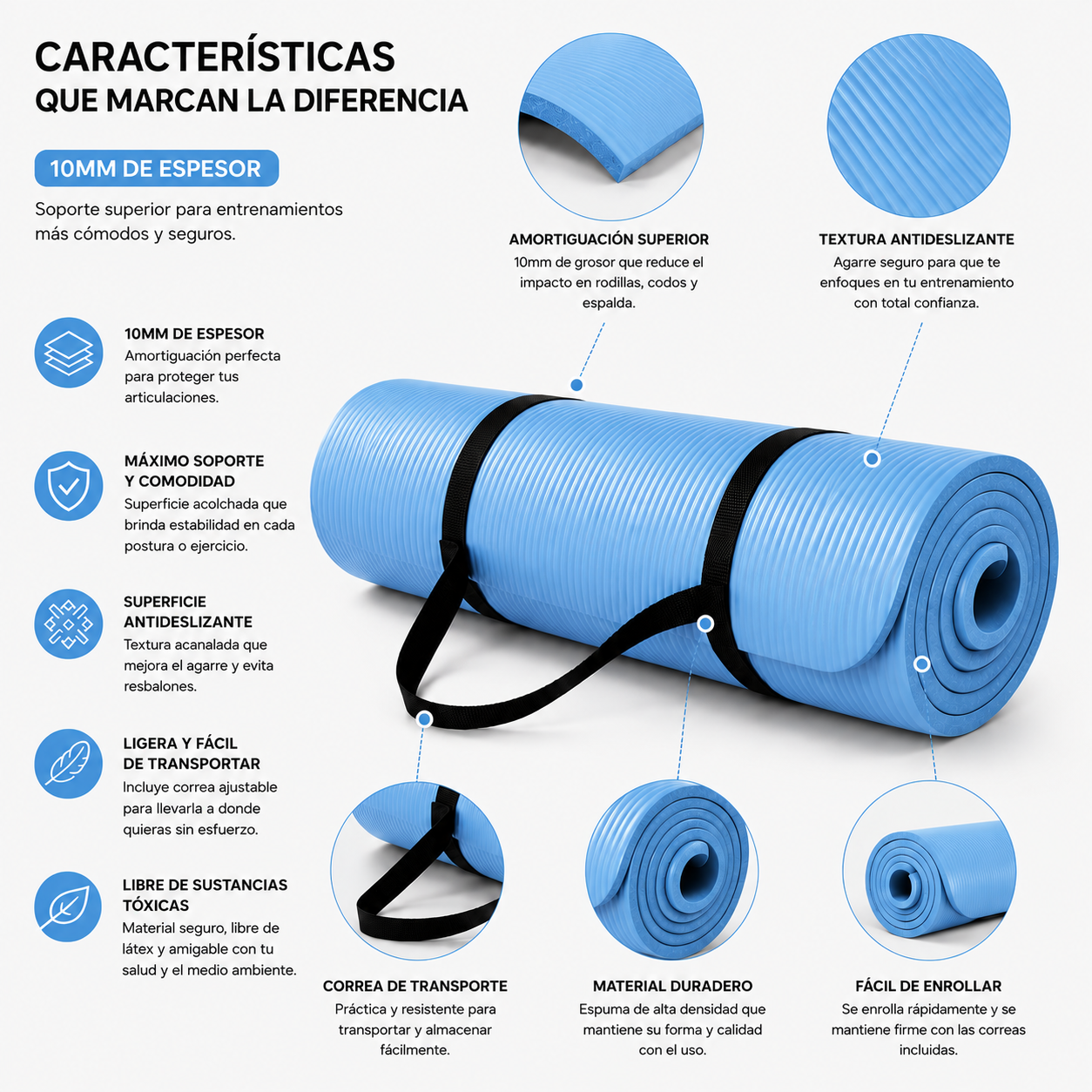 Tapete Fitness Antideslizante con Correa de Transporte Azul Claro