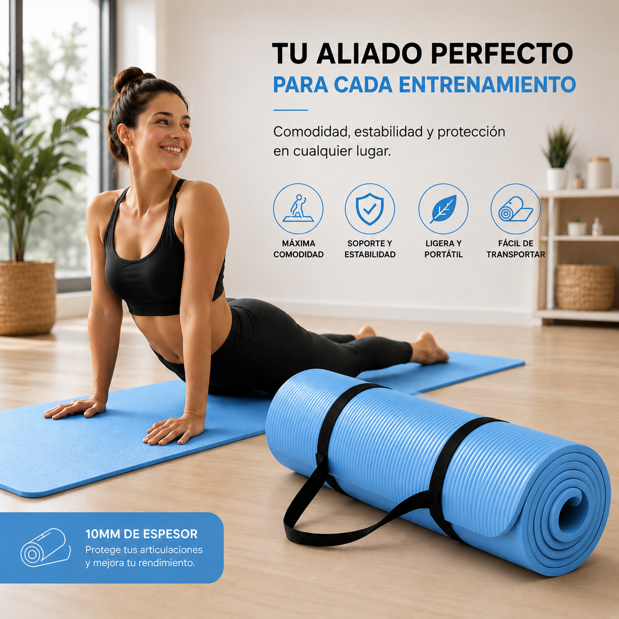 Tapete Fitness Antideslizante con Correa de Transporte Azul Claro