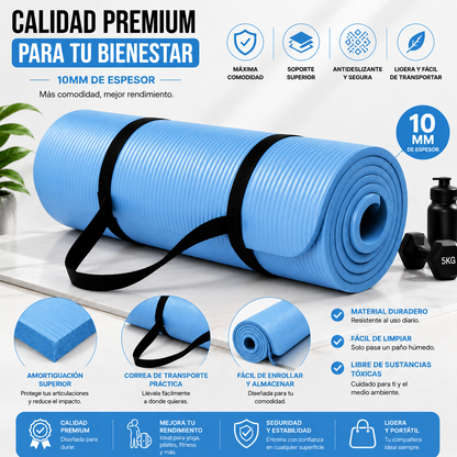 Tapete Fitness Antideslizante con Correa de Transporte Azul Claro