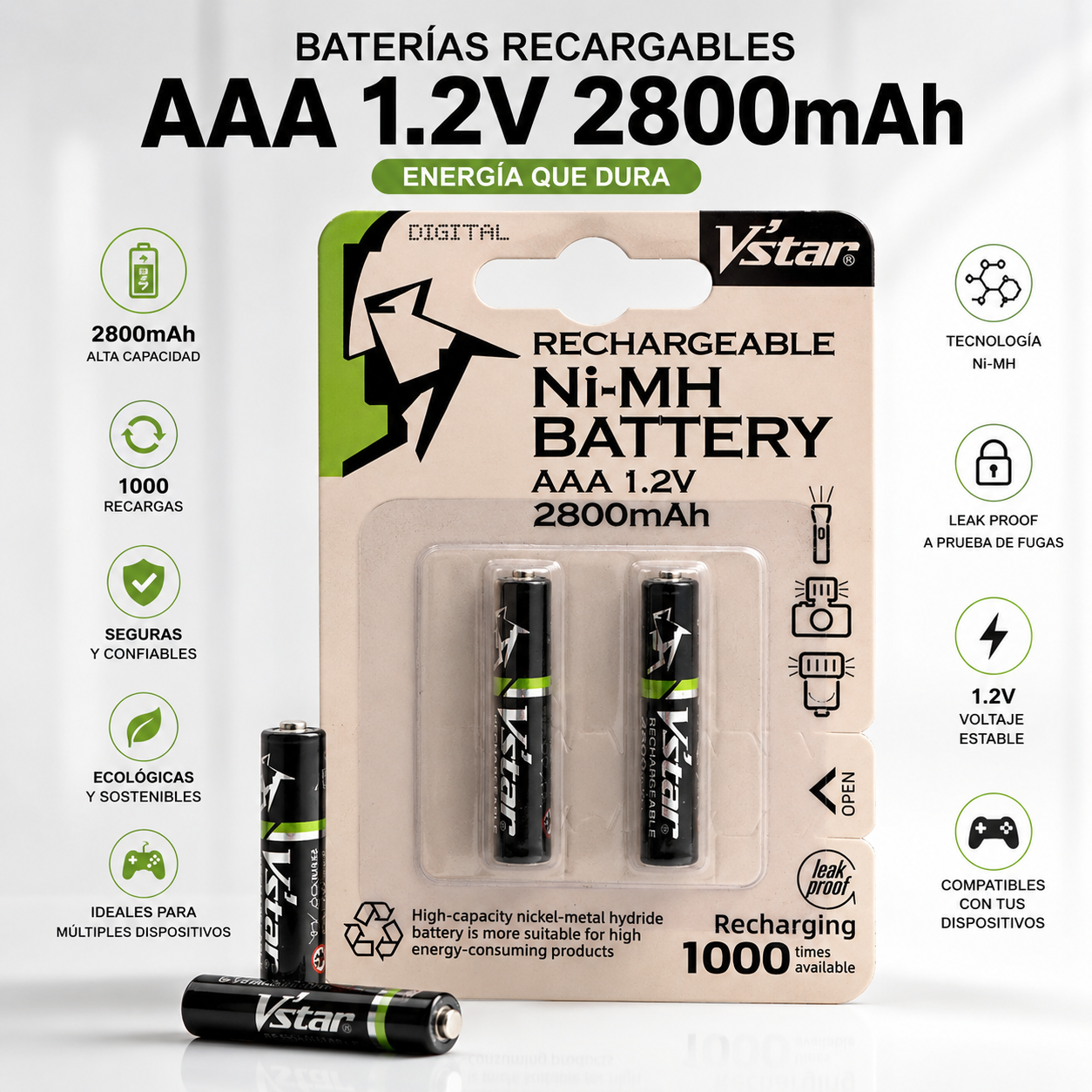 Par de Baterías Recargables AAA de 2800mAh