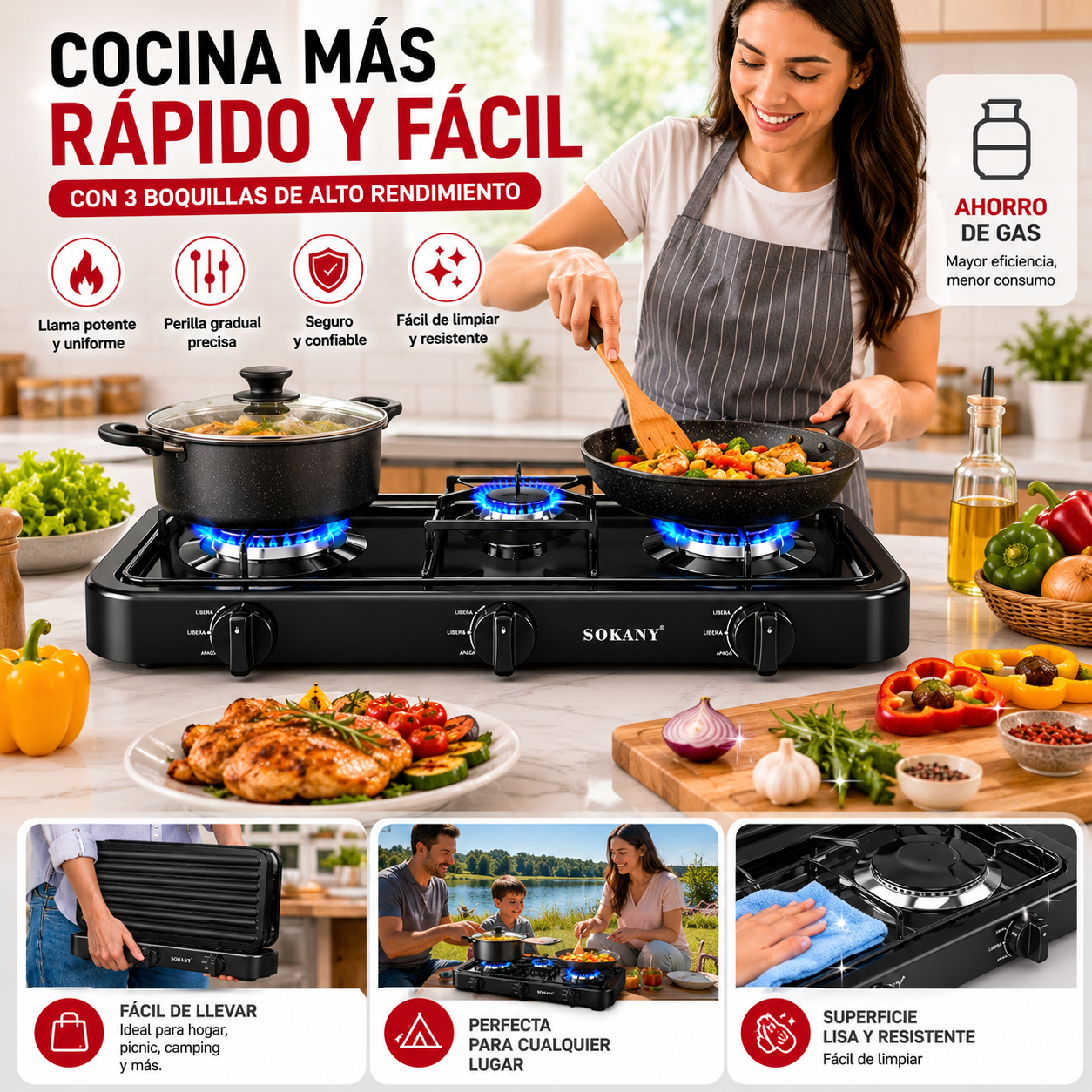Estufa de Gas Portátil de 3 Boquillas Sokany