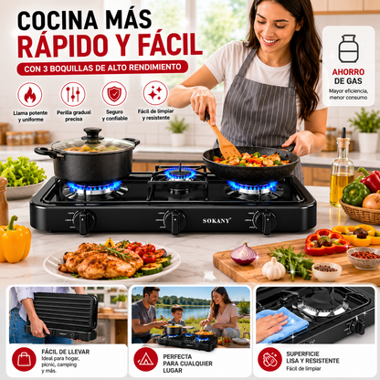 Estufa de Gas Portátil de 3 Boquillas Sokany