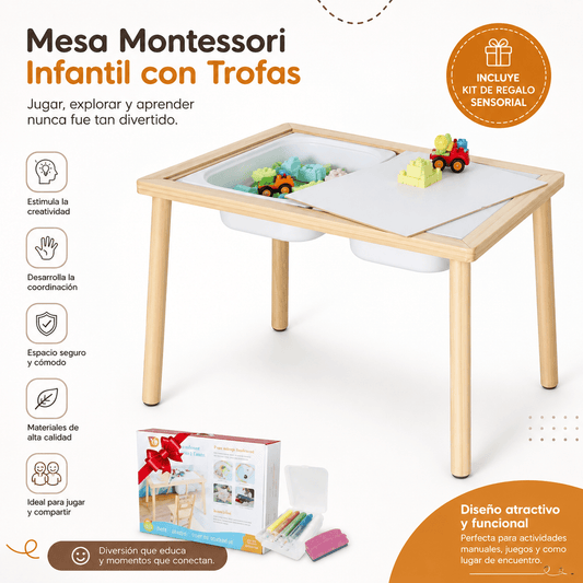 Mesa Montessori Infantil Multifuncional con Bandejas Sensoriales + Kit de Regalo
