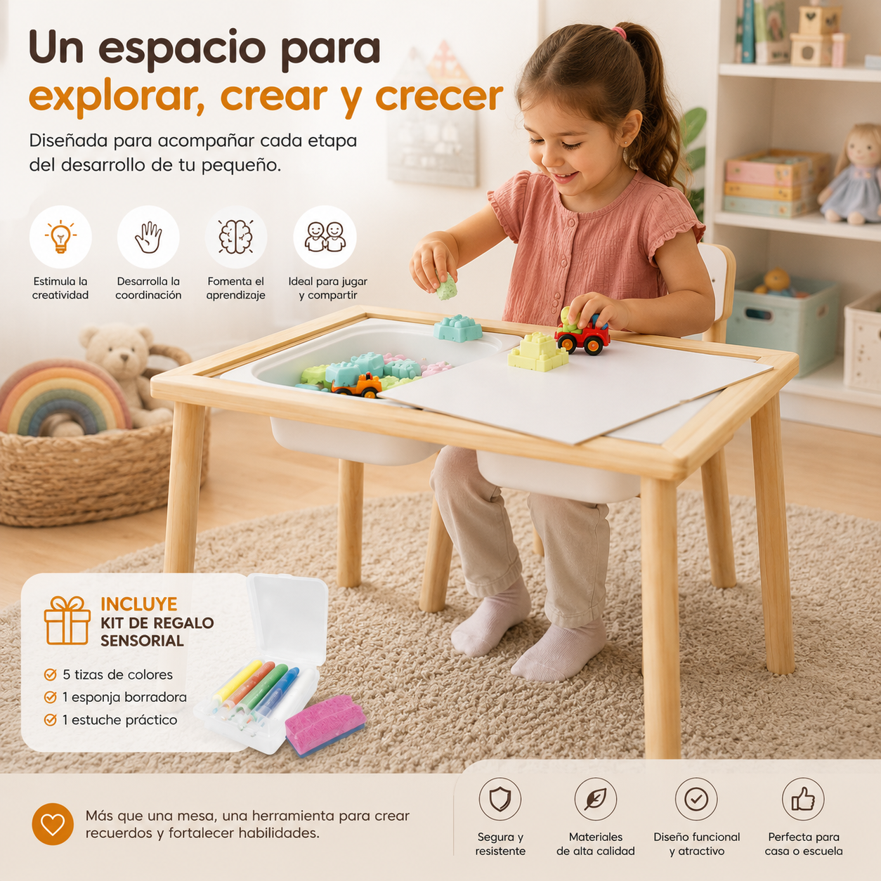 Mesa Montessori Infantil Multifuncional con Bandejas Sensoriales + Kit de Regalo