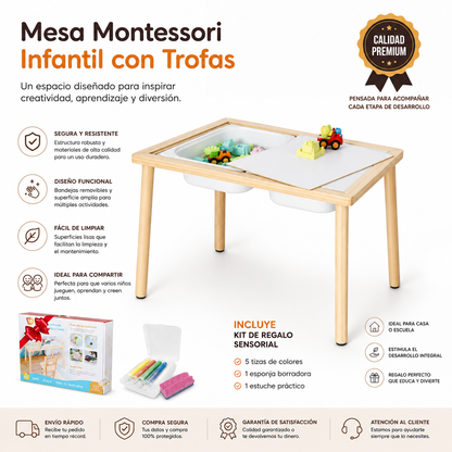 Mesa Montessori Infantil Multifuncional con Bandejas Sensoriales + Kit de Regalo