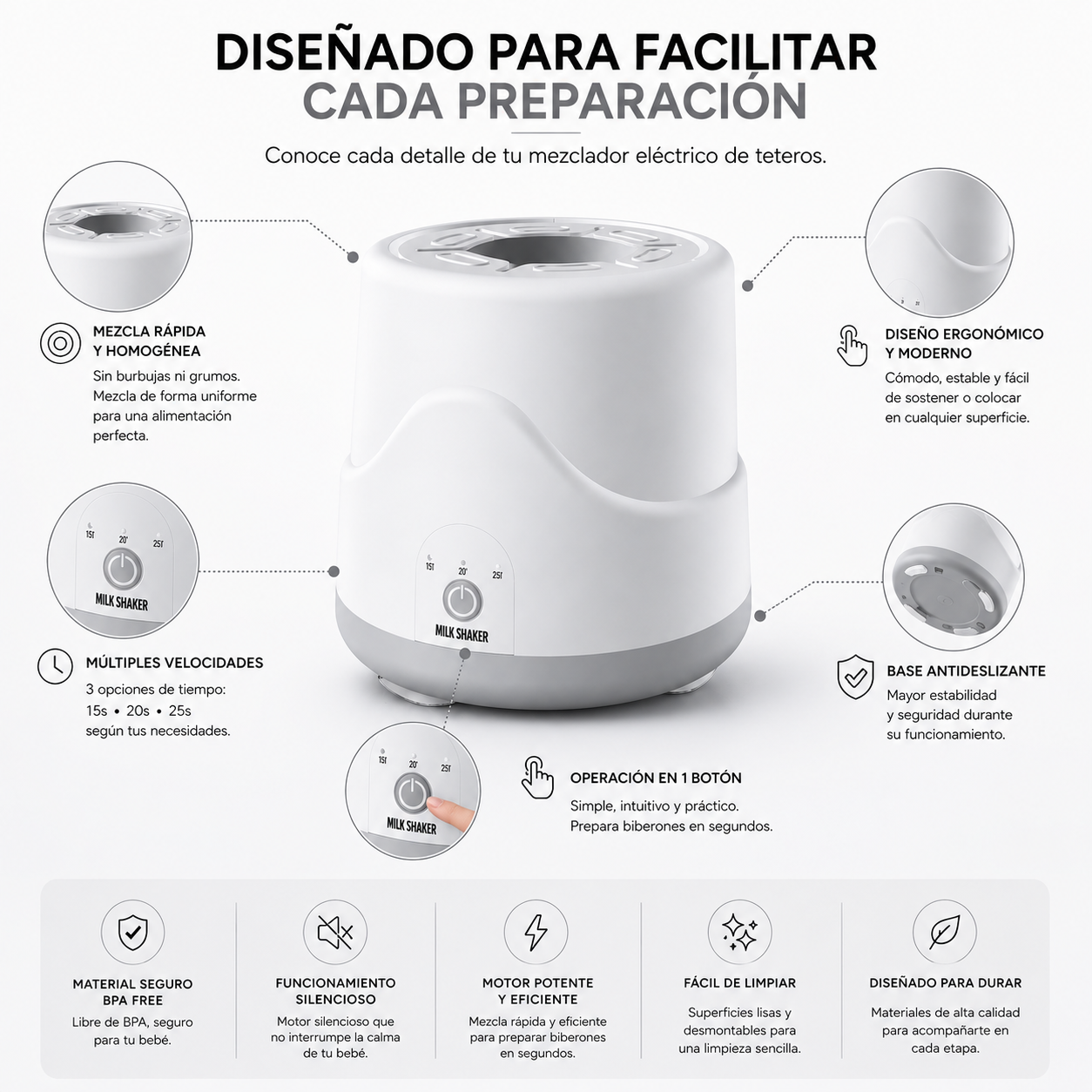 Mezclador Eléctrico de Teteros Automático Gris | Preparación Rápida y Sin Grumos