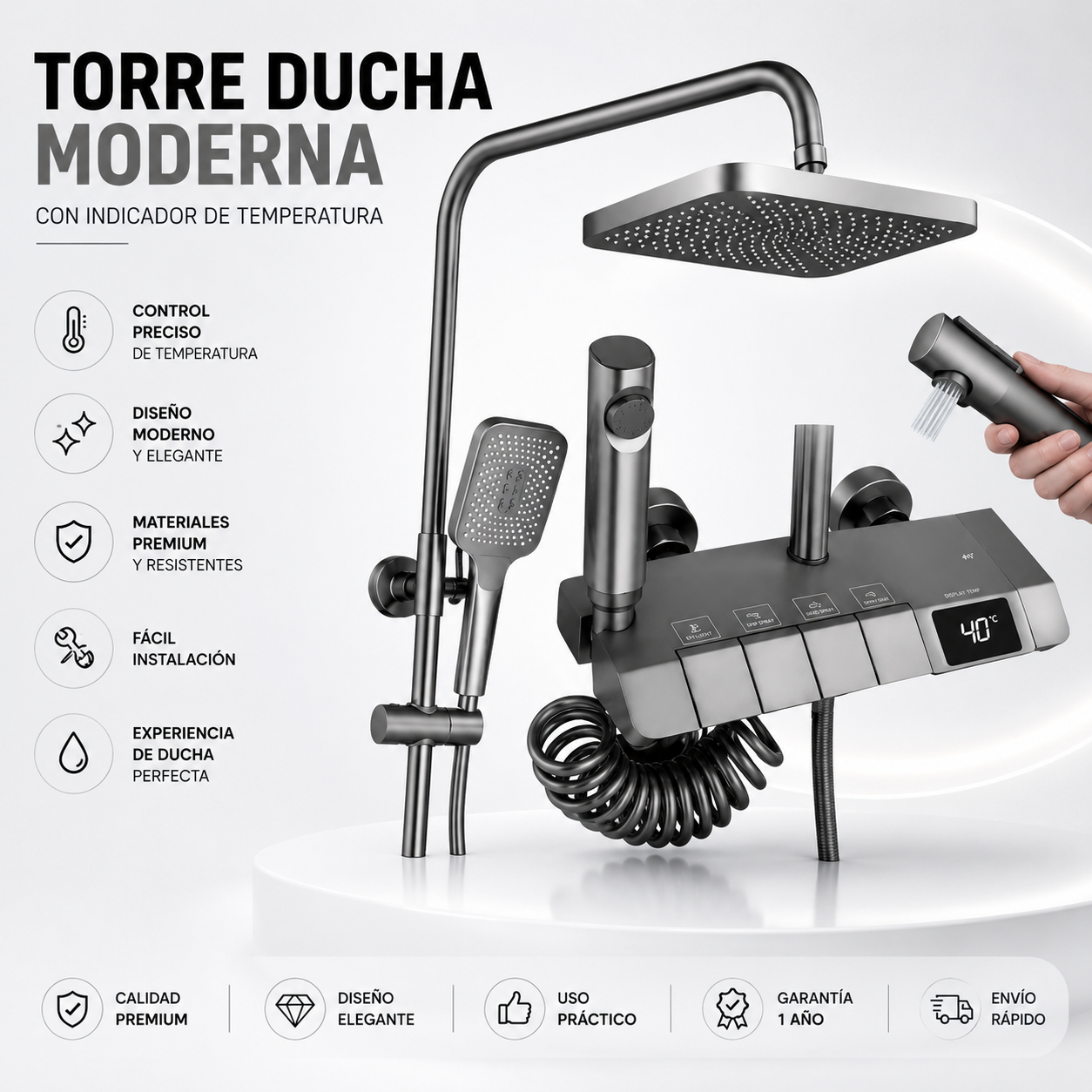 Torre Ducha Premium Digital con Indicador de Temperatura LED