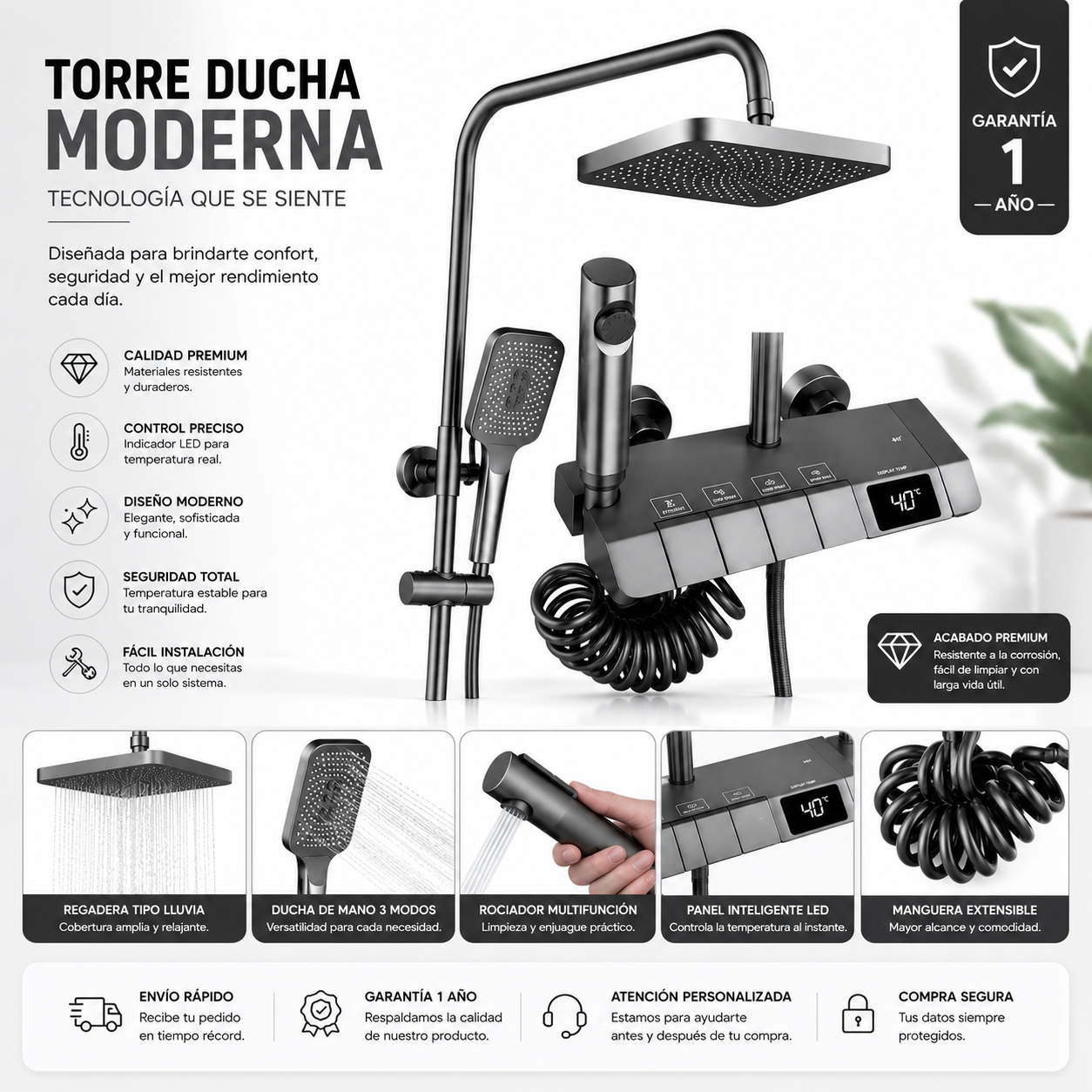 Torre Ducha Premium Digital con Indicador de Temperatura LED