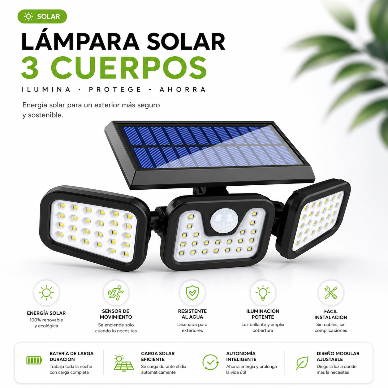 Lámpara Solar LED Exterior de 3 Cuerpos con Sensor de Movimiento