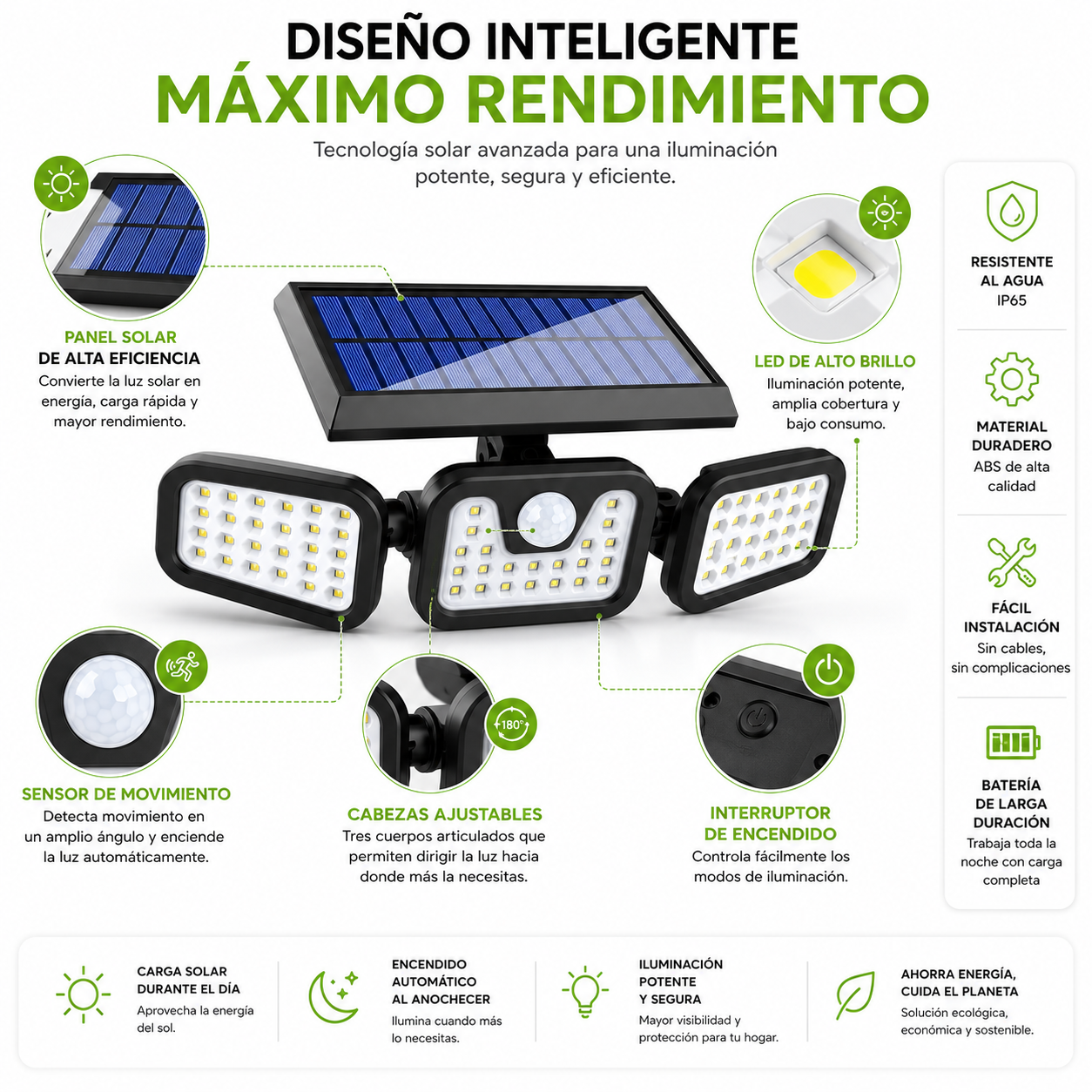 Lámpara Solar LED Exterior de 3 Cuerpos con Sensor de Movimiento