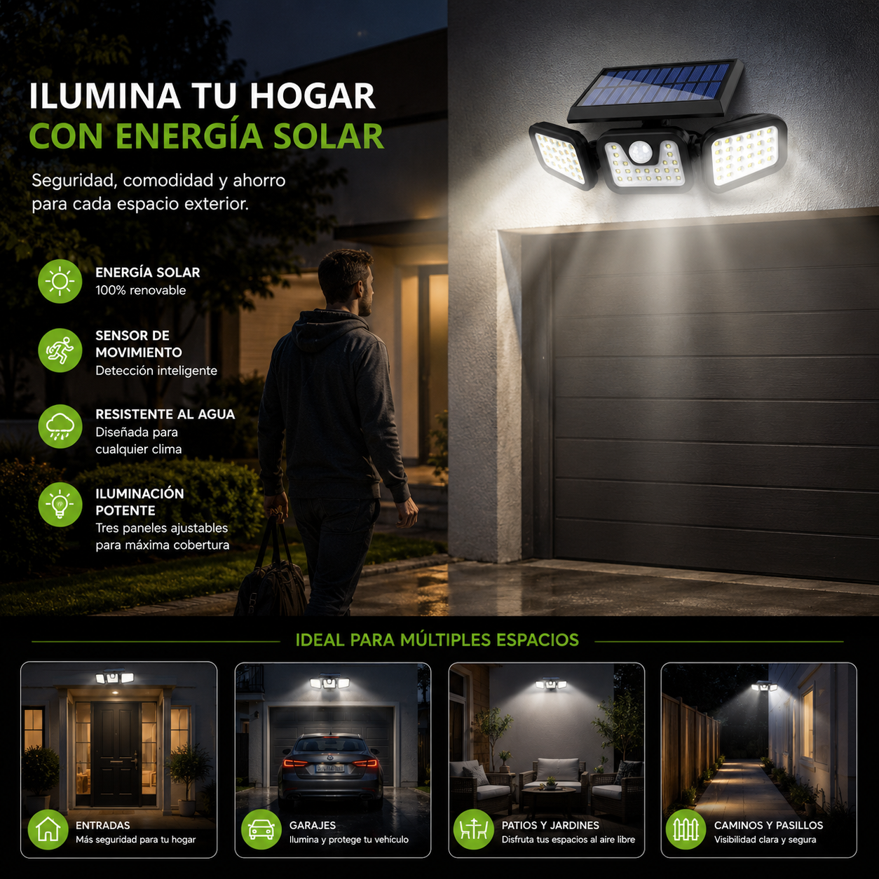 Lámpara Solar LED Exterior de 3 Cuerpos con Sensor de Movimiento