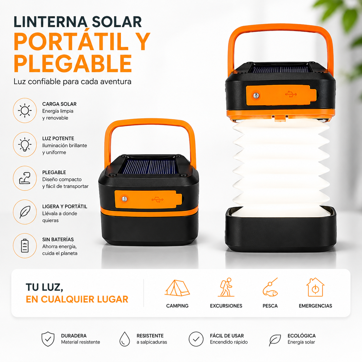 Linterna Solar Plegable Recargable LED Multifuncional