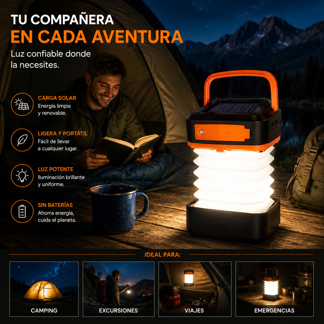 Linterna Solar Plegable Recargable LED Multifuncional