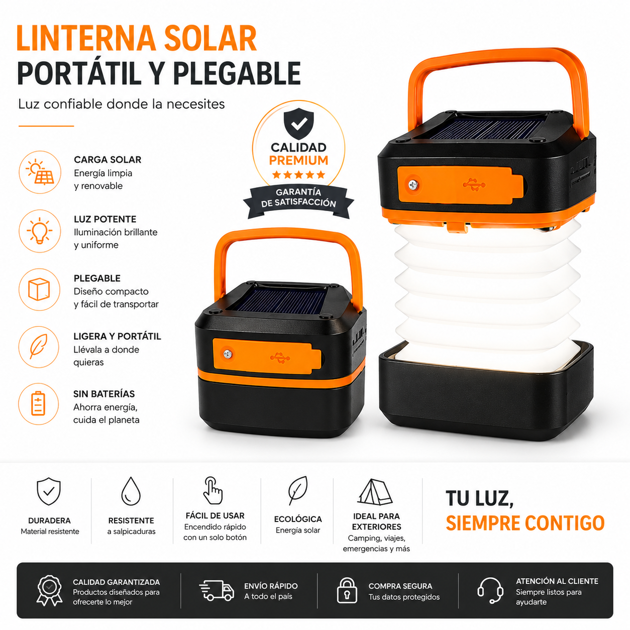 Linterna Solar Plegable Recargable LED Multifuncional