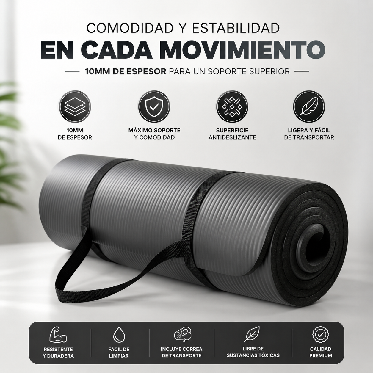 Tapete Fitness Antideslizante con Correa de Transporte Gris