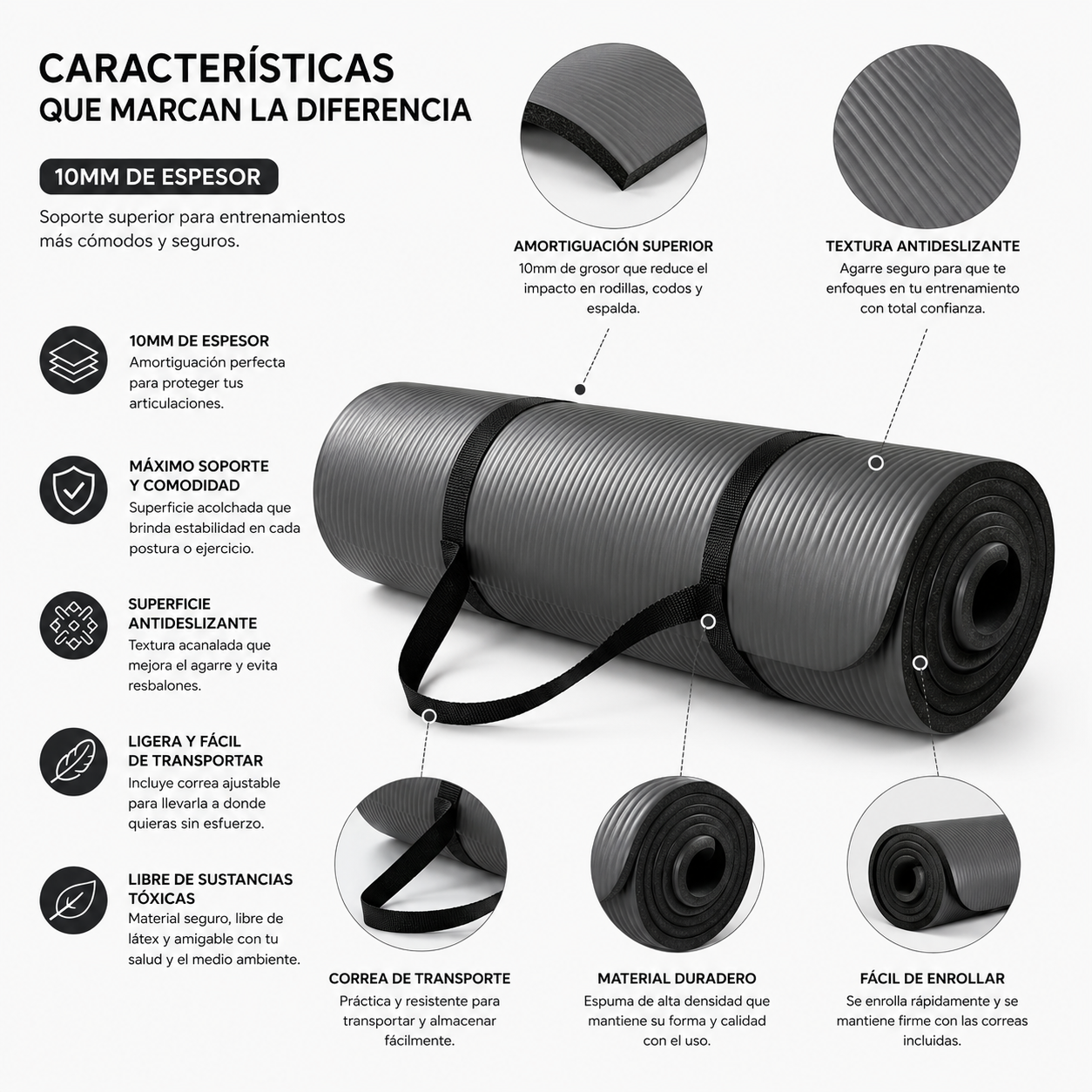 Tapete Fitness Antideslizante con Correa de Transporte Gris