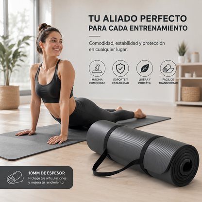 Tapete Fitness Antideslizante con Correa de Transporte Gris