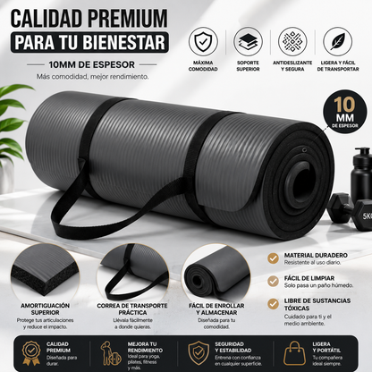 Tapete Fitness Antideslizante con Correa de Transporte Gris