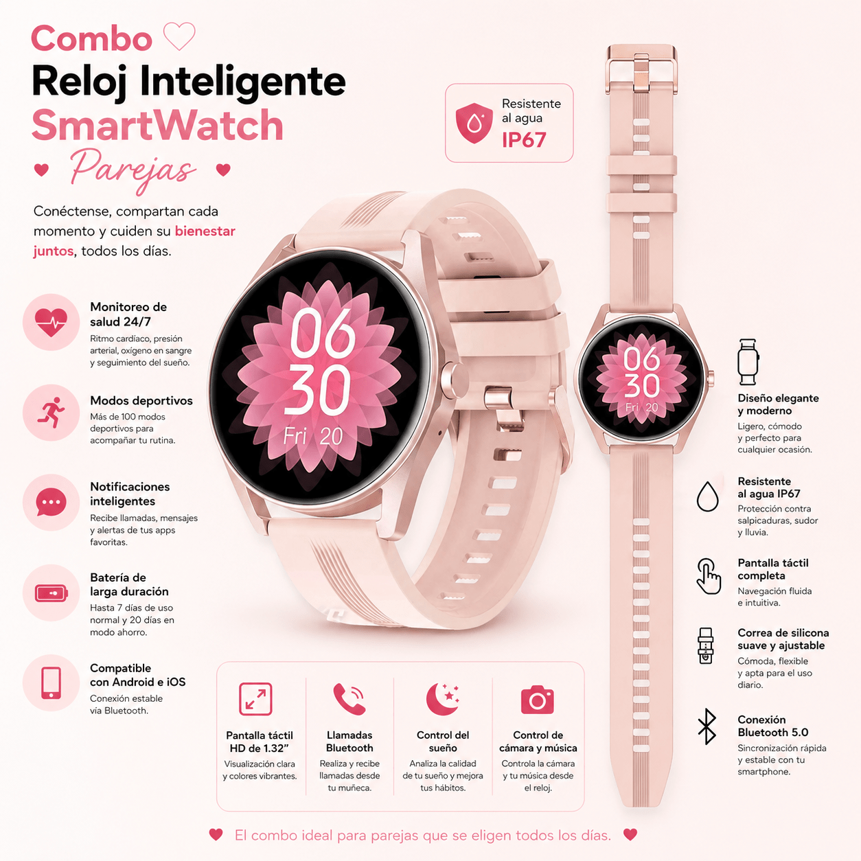 Combo Reloj Inteligente SmartWatch Parejas IP67