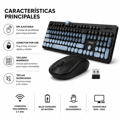 Combo Teclado y Mouse Inalámbrico Retro Silencioso