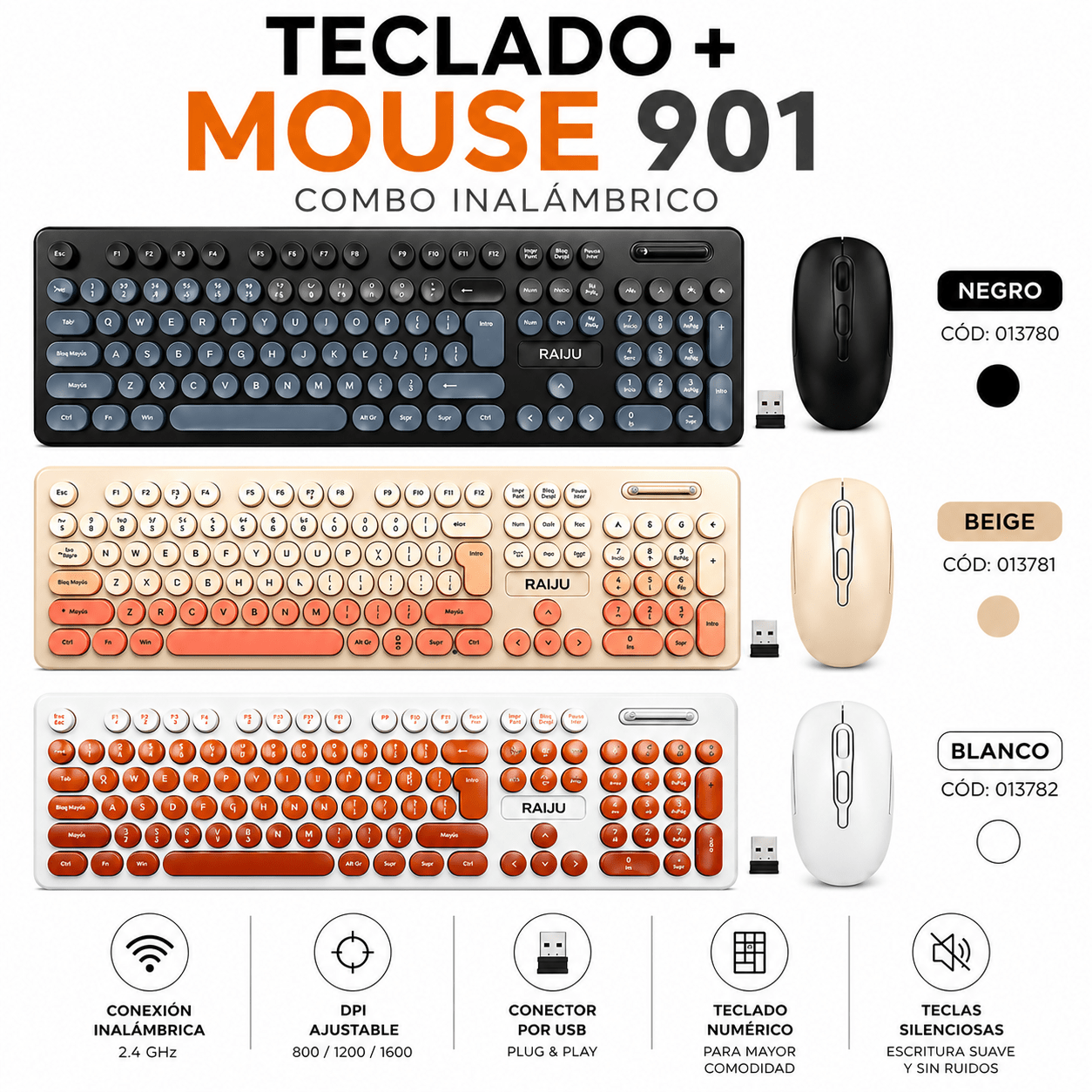 Combo Teclado y Mouse Inalámbrico Retro Silencioso