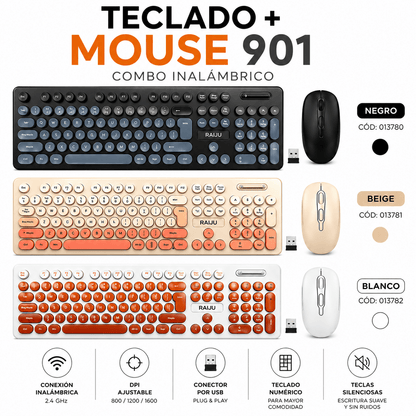 Combo Teclado y Mouse Inalámbrico Retro Silencioso