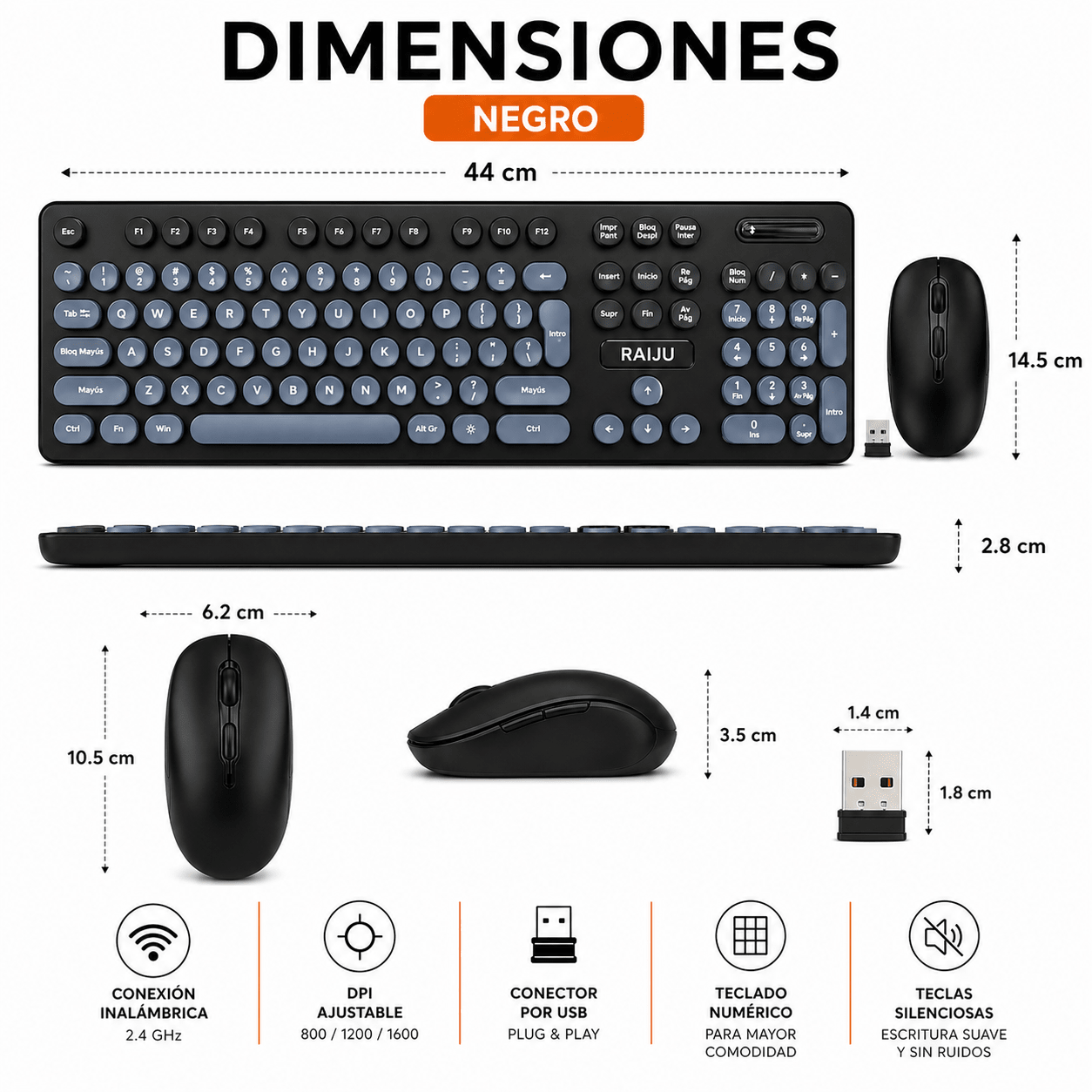 Combo Teclado y Mouse Inalámbrico Retro Silencioso