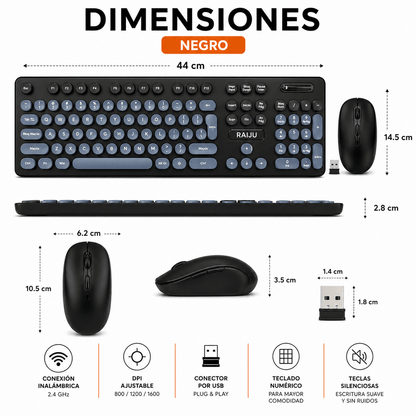 Combo Teclado y Mouse Inalámbrico Retro Silencioso