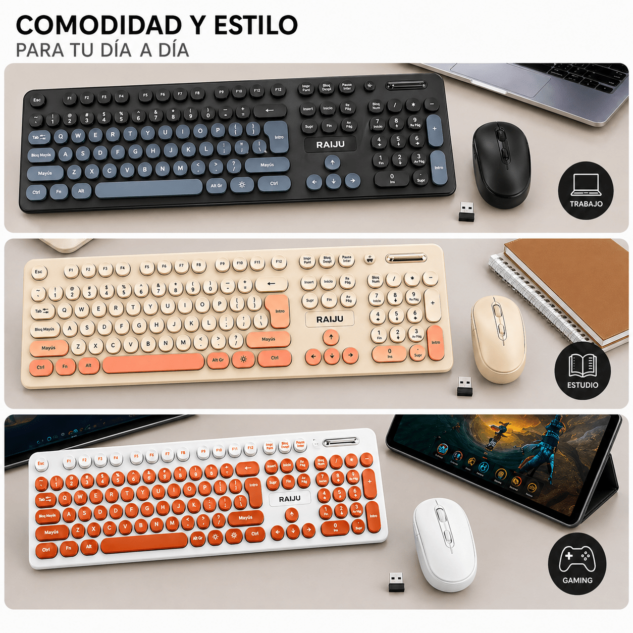 Combo Teclado y Mouse Inalámbrico Retro Silencioso
