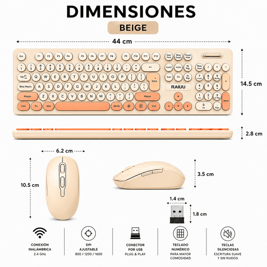 Combo Teclado y Mouse Inalámbrico Retro Silencioso