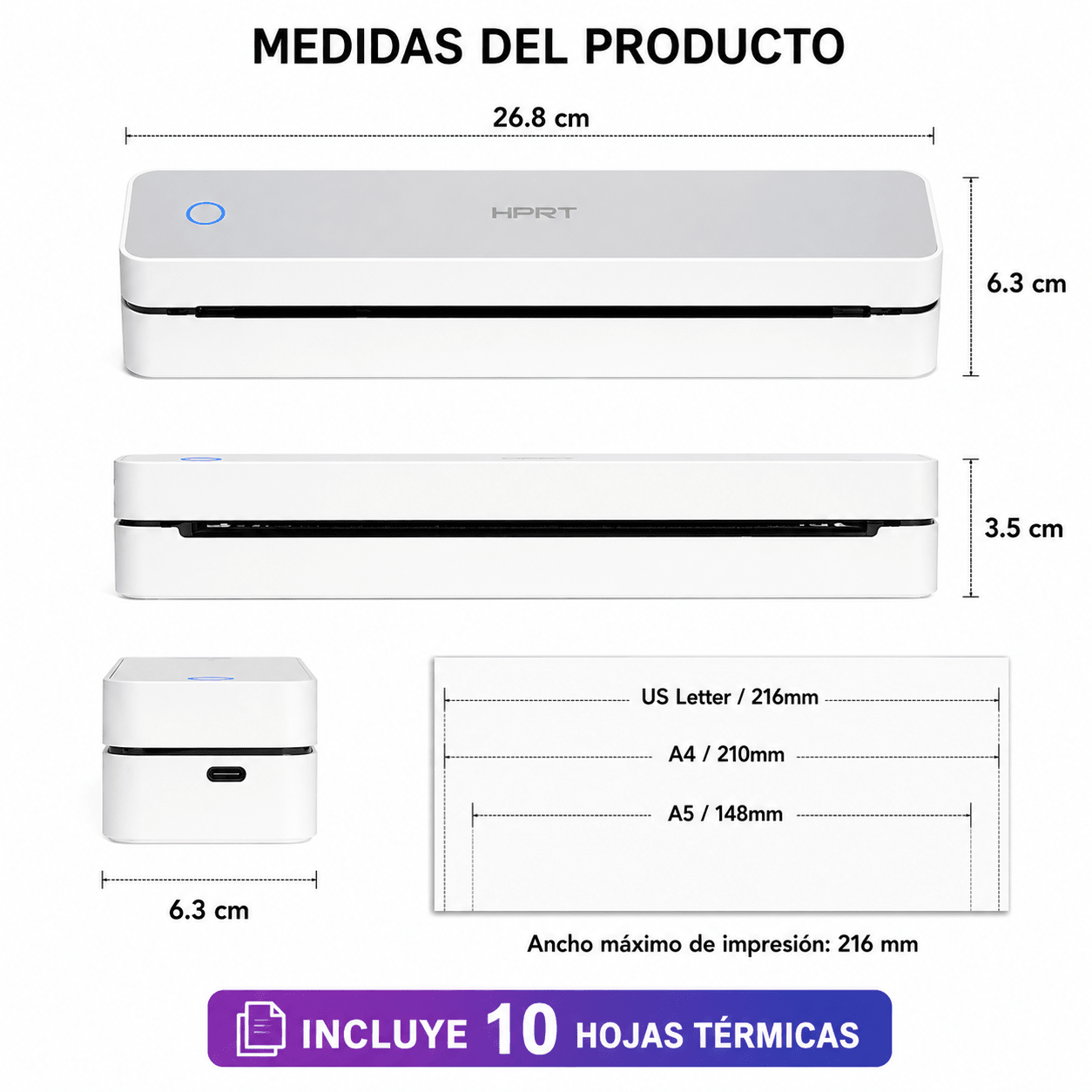 Impresora Térmica Portátil + 10 Hojas Termicas