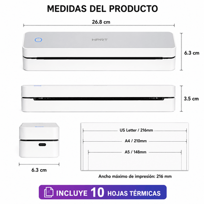 Impresora Térmica Portátil + 10 Hojas Termicas