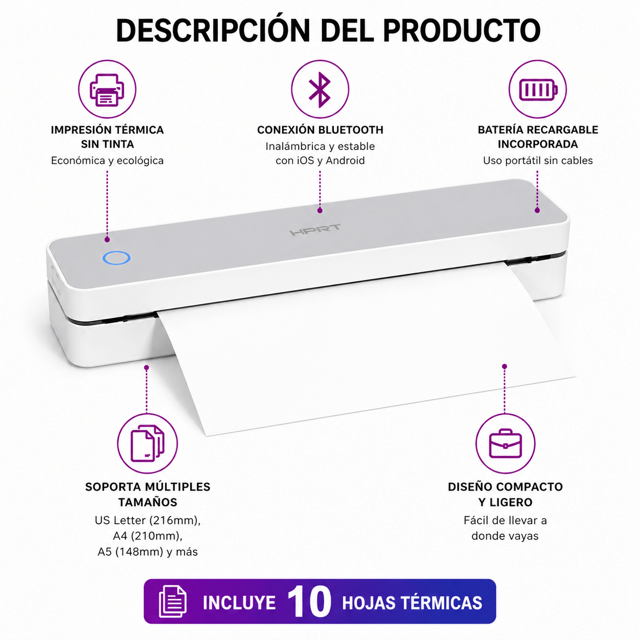 Impresora Térmica Portátil + 10 Hojas Termicas