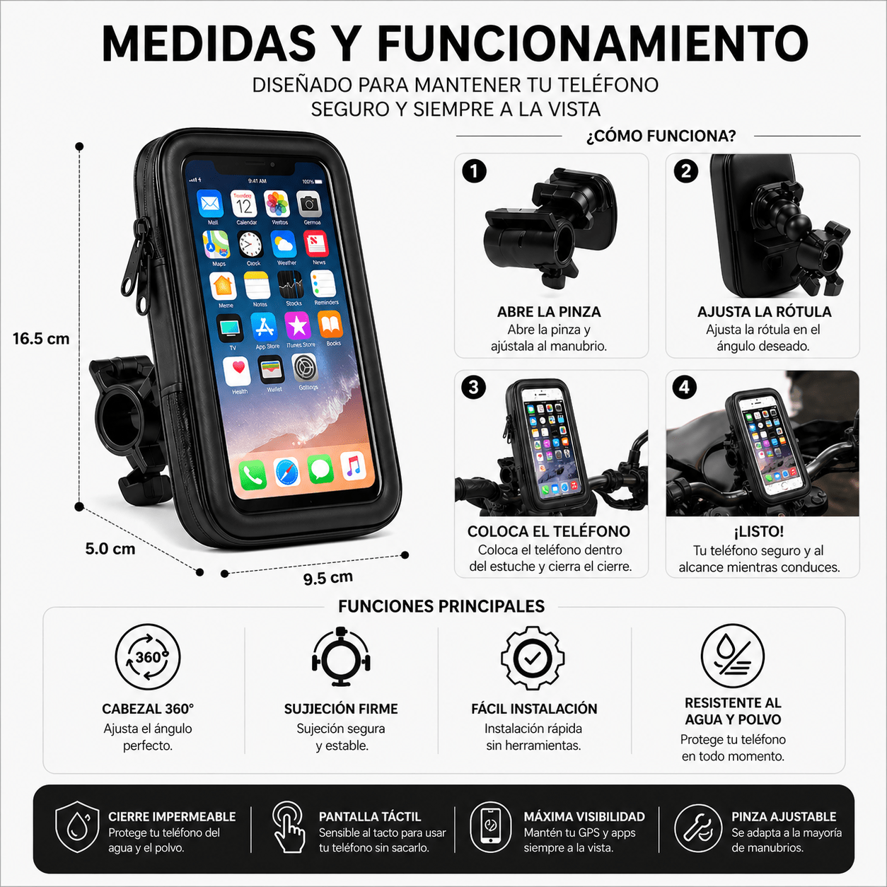 Soporte impermeable para teléfono – Rotación 360° y pantalla táctil