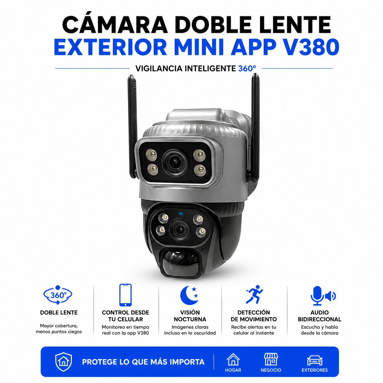 Cámara de Seguridad Exterior Doble Lente WiFi 360° con Audio y App V380