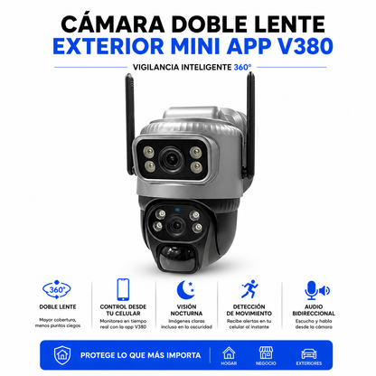 Cámara de Seguridad Exterior Doble Lente WiFi 360° con Audio y App V380