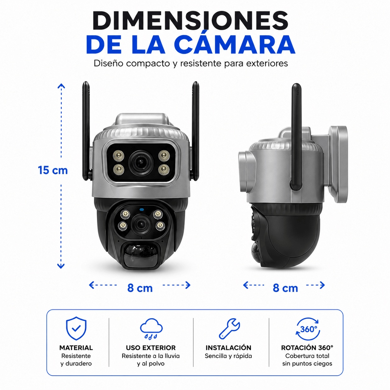 Cámara de Seguridad Exterior Doble Lente WiFi 360° con Audio y App V380