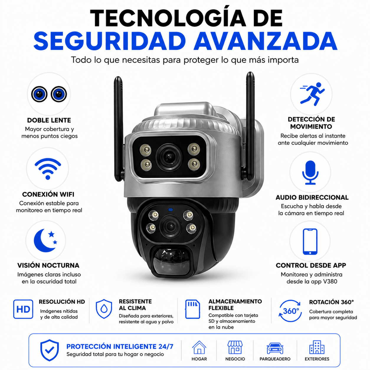 Cámara de Seguridad Exterior Doble Lente WiFi 360° con Audio y App V380