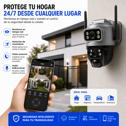 Cámara de Seguridad Exterior Doble Lente WiFi 360° con Audio y App V380