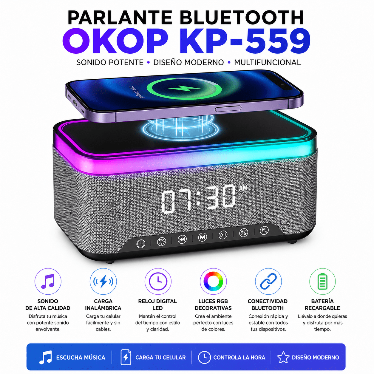 Parlante Bluetooth con Carga Inalámbrica, Reloj LED y Luces RGB