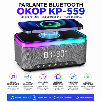 Parlante Bluetooth con Carga Inalámbrica, Reloj LED y Luces RGB