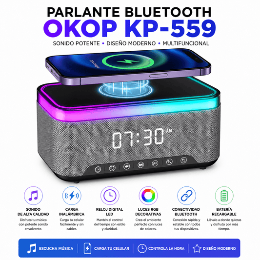 Parlante Bluetooth con Carga Inalámbrica, Reloj LED y Luces RGB
