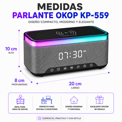 Parlante Bluetooth con Carga Inalámbrica, Reloj LED y Luces RGB