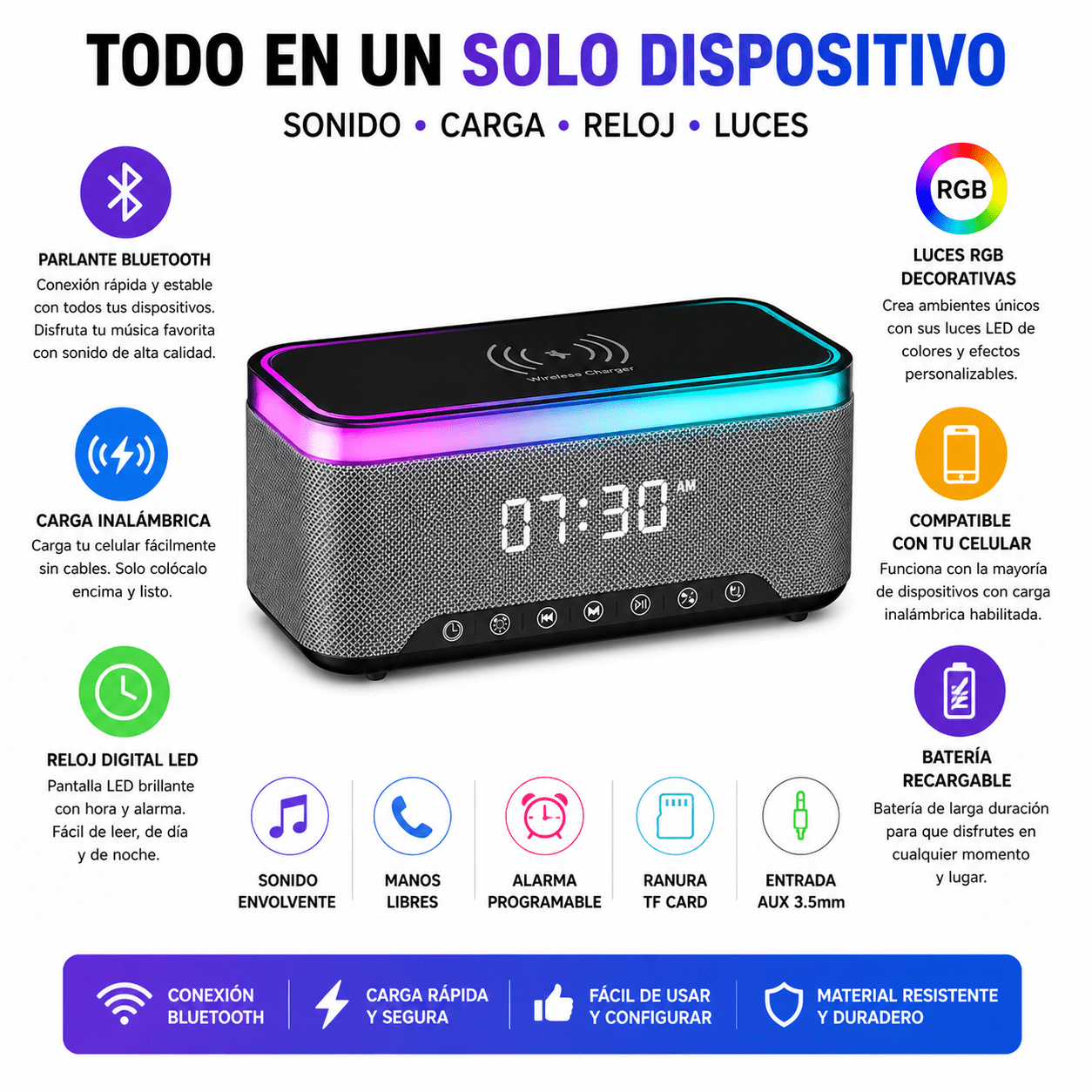 Parlante Bluetooth con Carga Inalámbrica, Reloj LED y Luces RGB