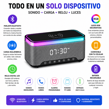 Parlante Bluetooth con Carga Inalámbrica, Reloj LED y Luces RGB